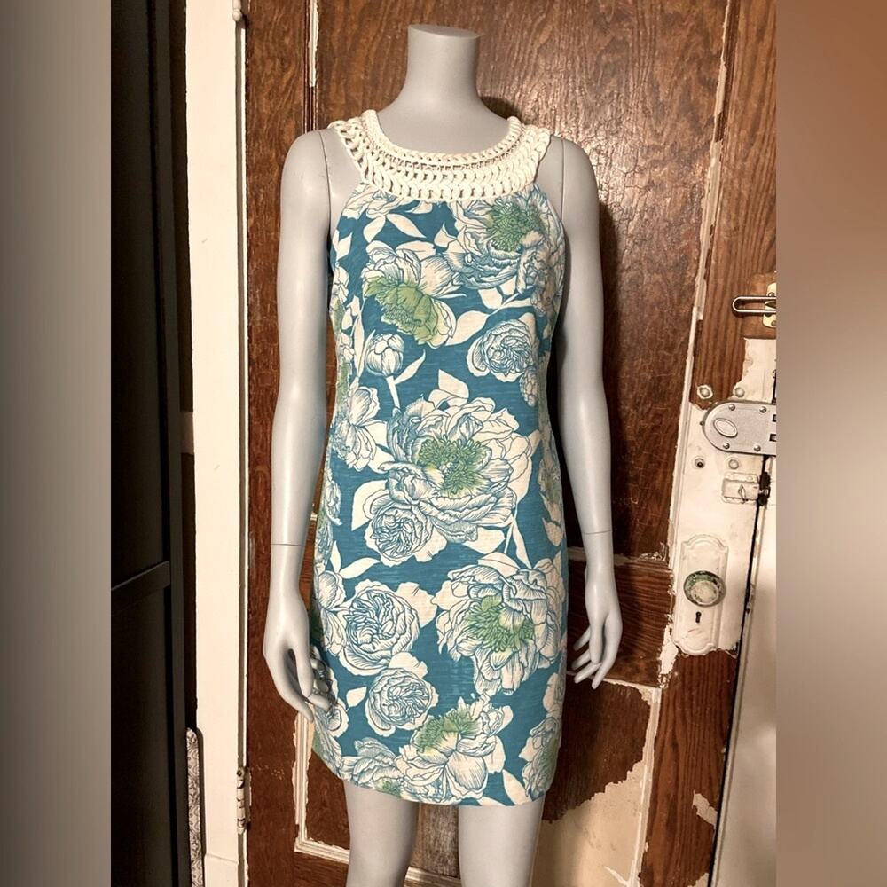 JESSICA HOWARD Blue Floral Sleeveless Shift Dress w/Crochet Collar sz 6P